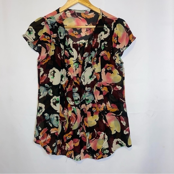 Halogen Floral Sheer Ruffle Front Top Size Small - Picture 3 of 10